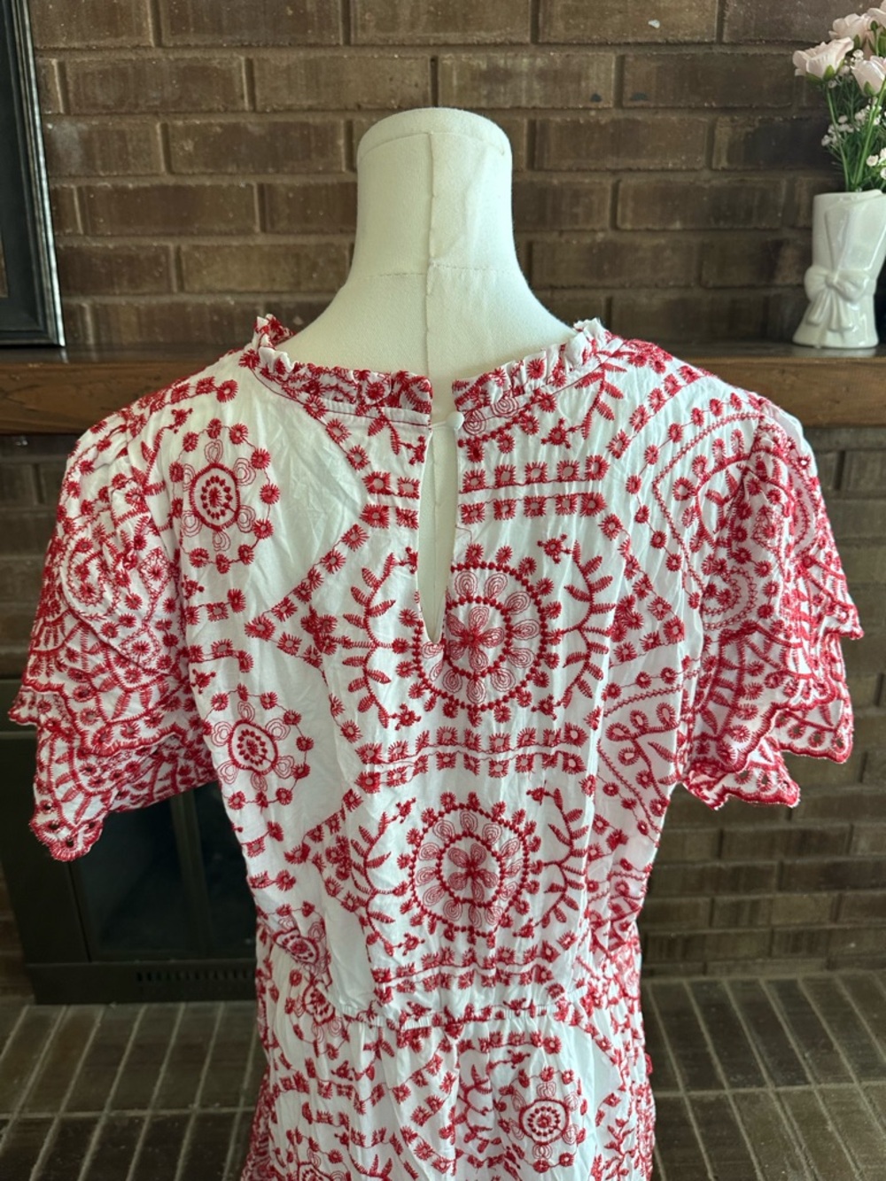 NWT Hayden LA Boho Embroidered Eyelet Lace Midi Red White Scallop Sleeve 1XL - Picture 10 of 11